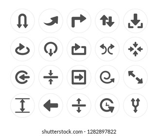 20 Double Curve Arrow, Right Arrow Curved, Horizontal Split, Left Direction, Vertical Resize, Download with Line modern icons on round shapes, vector illustration, eps10, trendy icon set.