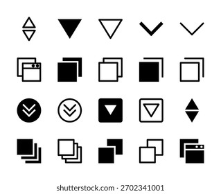 20 Dropdown- und Tabulatorsymbole Linien- und Volltonstil für die Benutzeroberflächennavigation
