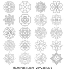 20 Easy Floral Mandala pattern design set Mandalas coloring book pages, set for Henna, Mehndi, tattoo, decoration. Decorative ornament in ethnic oriental style. Coloring book page Bundle