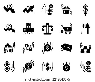 20 economic inflation solid icons, filled with currency depreciation, interest rate increase, goods and services increase, exchange rate decrease, gold price increase.