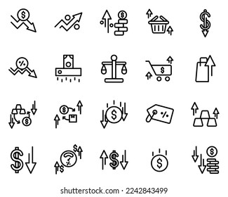 20 economic inflation solid icons, filled with currency depreciation, interest rate increase, goods and services increase, exchange rate decrease, gold price increase.
