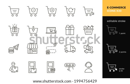 20 editable stroke icons related with E-commerce. Vector thin line graphic elements for online shopping, delivery services,takeaway food, and web stores
