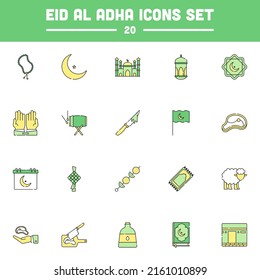 20 Eid Al Adha Icon Set On Green And Yellow On White Square Background.