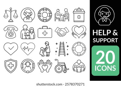 20 Elegant Help and Support Icons Featuring Line Art Designs for Medical, Care, and Aid Services