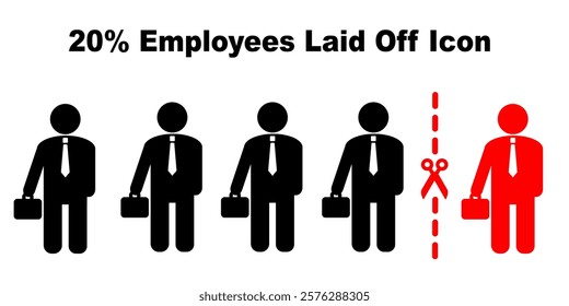 20% employee worker company laid off icon isolated in white background. Downsize organisation business. Clip art silhouette employee fired off from company