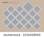20 empty rhombus photo frames. Set of square photo cards for portraits. Vector realistic Mockup for design, graduations, congratulations, photo albums, collages. Blank template on beige. EPS10. 