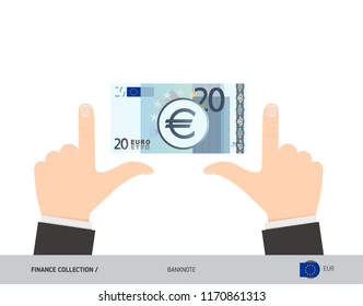 20 Euro Banknote. Business hands measuring banknote. Flat style vector illustration. Business finance concept.