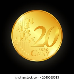 20 euro cent golden coin, shining coin, realistic vector illustration, isolated elements. EUR currency.