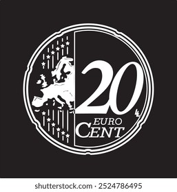 desenho vetorial de moedas de 20 euros em cor branca e sobre fundo preto, silhueta artesanal.