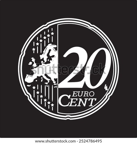 20 euro coin vector design in white color and on a black background, handmade silhouette.