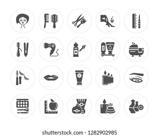 20 Eye patch, Comb, Cream, Fitness, shadow, Pedicure, Mascara, Hair dryer modern icons on round shapes, vector illustration, eps10, trendy icon set.