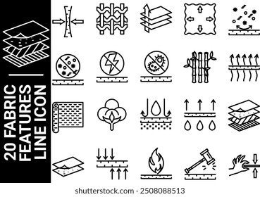 20 características de tela icono de línea, blanco y negro