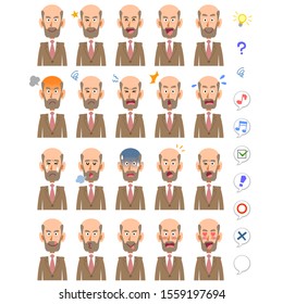 20 facial expressions and upper body of middle-aged men who stored beards Company boss Manager scholar