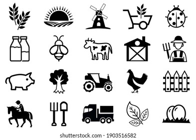 20 Farm Icon set. Agriculture Symbol. contain as icons farmer, milk, tractor, cow, egg, chicken, bee, sun, pig and more. editable file. vector
