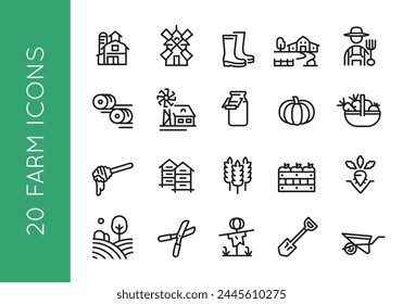 20 farming icons: equipment, facilities, tools, crops, vegetables, fruit for web, mobile, promo. Fit agriculture, food, countryside themes. Black outline, vector illustration.