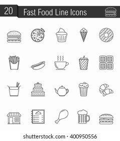 20 fast food line icons, vector eps10 illustration