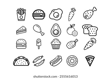 20 fast food outline icons. Fast food vector icon line set. Burger sandwich pizza hot dog cola coffee sweets