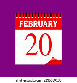 20 February 2023. Icon calendar day. Days of the year. Vector illustration sign label. Event schedule date. Meeting appointment time. Agenda plan. Purple background.