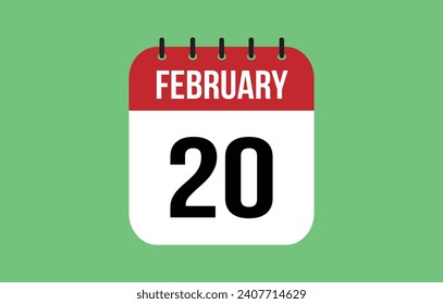 20 February calendar icon. Green calendar vector for February weekdays. Calendar page design on isolated background