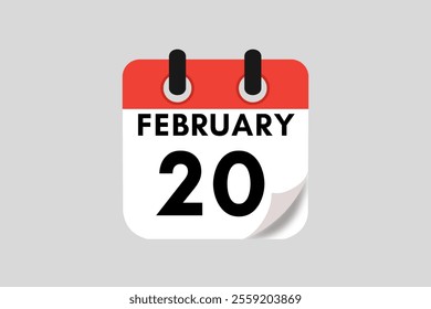 20 February calendar icon text page monthly web design on red, white, black and ash background vector, icon, or illustration with the month of February 20