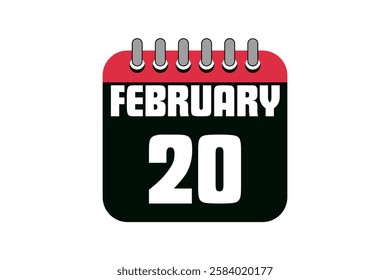 20 February calendar icon text page monthly web design on red, black and white background vector, icon, or illustration with the month of February 20