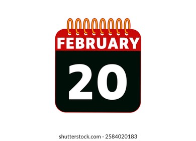 20 February calendar icon text page monthly web design on red, black and white background vector, icon, or illustration with the month of February 20