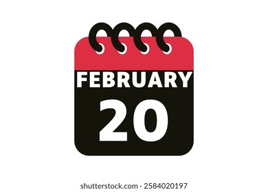20 February calendar icon text page monthly web design on red, black and white background vector, icon, or illustration with the month of February 20