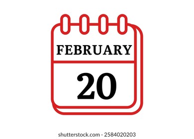 20 February calendar icon text page monthly web design on red, black and white background vector, icon, or illustration with the month of February 20