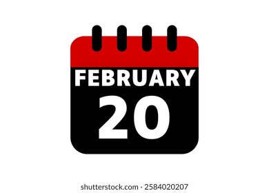 20 February calendar icon text page monthly web design on red, black and white background vector, icon, or illustration with the month of February 20