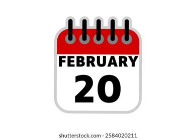 20 February calendar icon text page monthly web design on red, black and white background vector, icon, or illustration with the month of February 20