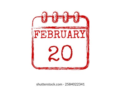 20 February calendar icon text page monthly web design on red and white background vector, icon, or illustration with the month of February 20