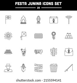 20 Festa Junina Black Stroke Icon Set.