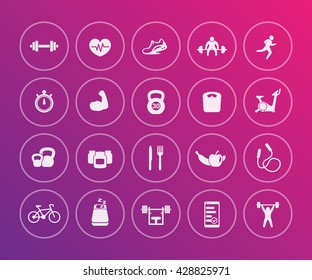 20 fitness icons, gym, training, exercise icons in circles, vector illustration