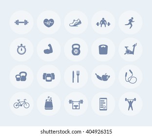 20 Fitness Icons, Gym, Workout, Training, Pictograms, Round Flat Icons, Vector Illustration