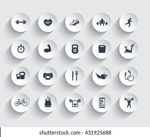 20 Fitness Icons, Gym, Workout, Training, Pictograms, Icons On Round 3d Shapes, Vector Illustration