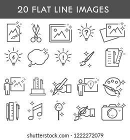 20 flat line icon. Simple icons about creative professions. Photos, drawings, paintings, hands, search, ideas. Vector illustration.