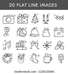 20 flat line icon. Simple icons about new year and Christmas. Camera, gift, Christmas tree, candlestick, garland, candy, ball, bell, calendar, glasses, Santa. Vector illustration