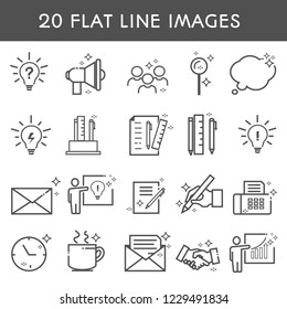 20 flat line icon. Simple icons about creative professions. Coworking. Clock, letter, group of people, handshake. Vector illustration.