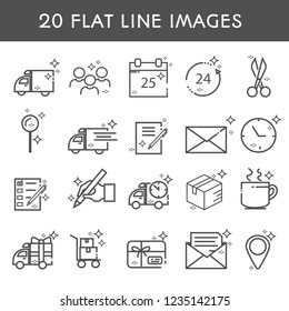 20 flat line icon. Simple icons about delivery and transportation. Truck, transportation, cargo, parcel, delivery, kidney, contract, Express. Vector illustration.