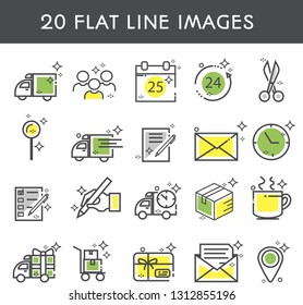 20 flat line icon. Simple icons about delivery and transportation. Truck, transportation, cargo, parcel, delivery, kidney, contract, Express. Vector illustration.