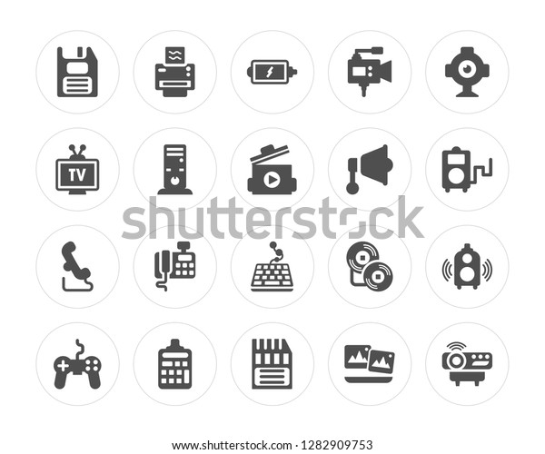 20 Floppy Disk, Printer, Memory Card, Calculator,\
Joystick, Webcam, Megaphone, Keyboard, Phone Receiver, Computer\
Tower modern icons on round shapes, vector illustration, eps10,\
trendy icon set.