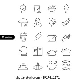 20 food and drink icons with thin line styles. Showing pictures of coffee drink, iced orange, ice cream, mushrooms, avocado, vegetables, fruit satay, popcorn, sausage, white bread, sweets, gloves, etc