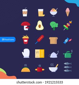 20 food and drink icons with thin line styles. Showing pictures of coffee drink, iced orange, ice cream, mushrooms, avocado, vegetables, fruit satay, popcorn, sausage, white bread, sweets, gloves, etc