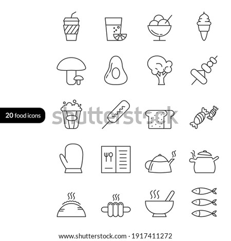 20 food and drink icons with thin line styles. Showing pictures of coffee drink, iced orange, ice cream, mushrooms, avocado, vegetables, fruit satay, popcorn, sausage, white bread, sweets, gloves, etc