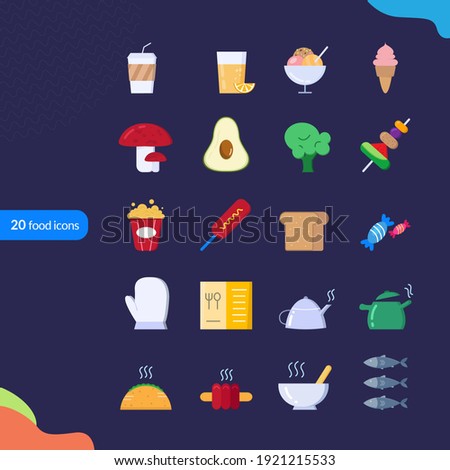 20 food and drink icons with thin line styles. Showing pictures of coffee drink, iced orange, ice cream, mushrooms, avocado, vegetables, fruit satay, popcorn, sausage, white bread, sweets, gloves, etc