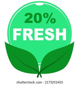 20% fresh fruits vector art illustration sign symbol in green round shape with leaves business stamp isolated on white background