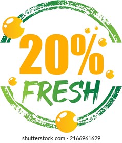 20% Fresh Vector Illustration of fresh food on Green, Orange and white background, graphic label or sticker and product label