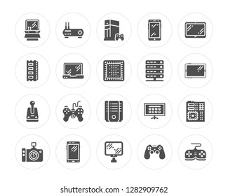 20 Game Console, Router, Personal Computer, Smartphone, Photo Camera, Tablet, Server, Servers, Joystick, Macbook Modern Icons On Round Shapes, Vector Illustration, Eps10, Trendy Icon Set.