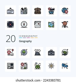 20 Geo Graphy Line Filled Color icon Pack like world map pin hiking bag