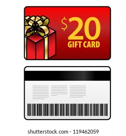 A $20 gift card, front and back, shown front-on.